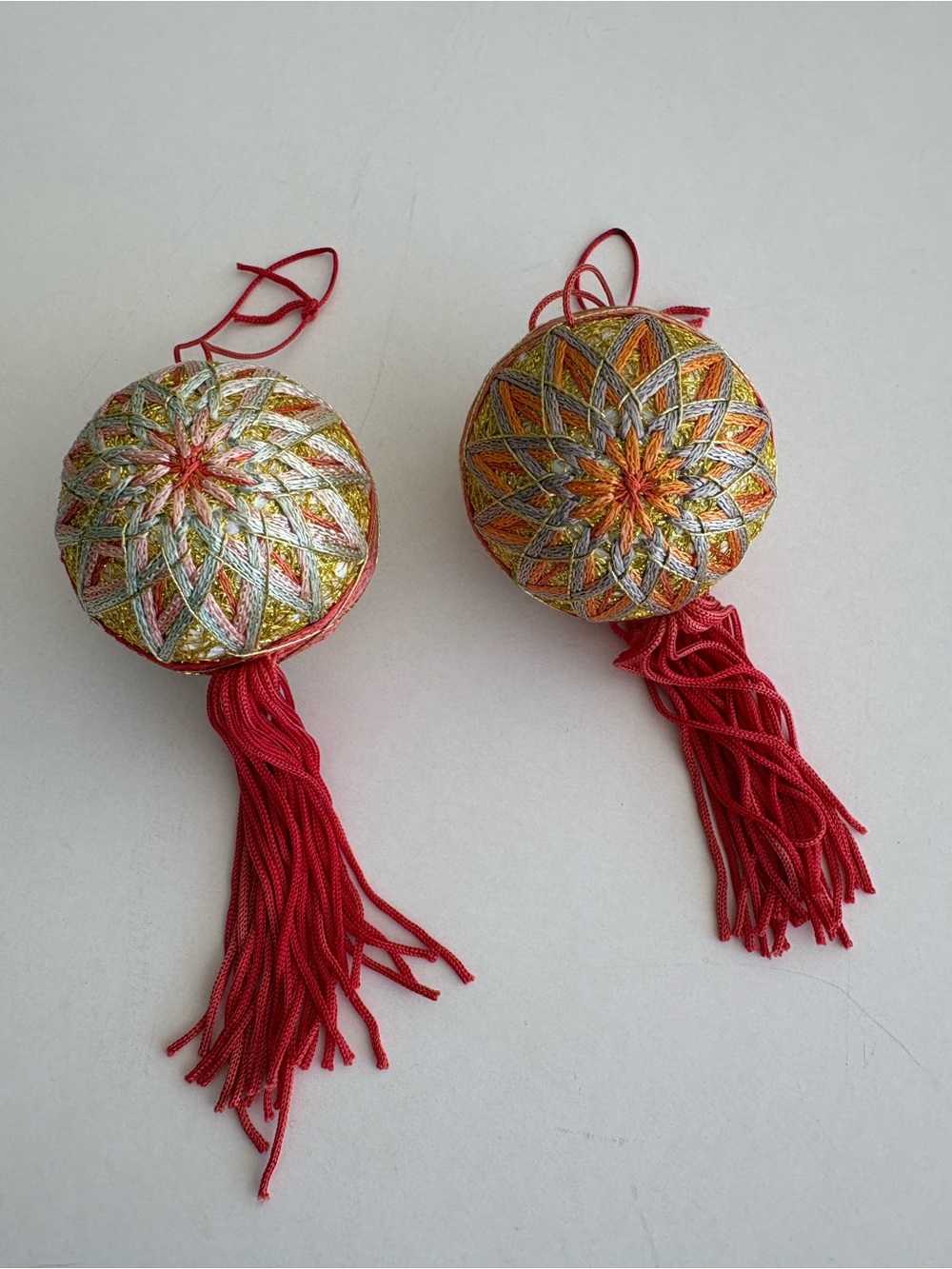 Japanese Vintage Hand Woven Temari Tassel Ornaments Balls in Gold, Silver & Red